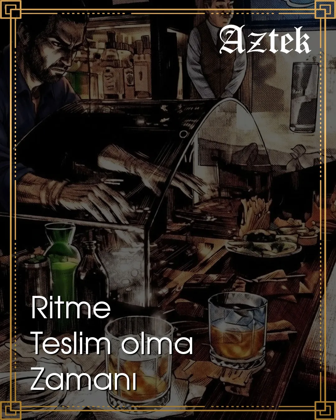 Aztek Club Instagram gönderisi: “Ritme Teslim olma Zamanı” başlığı, altın çerçeveli illüstrasyon efektli mekân fotoğrafı