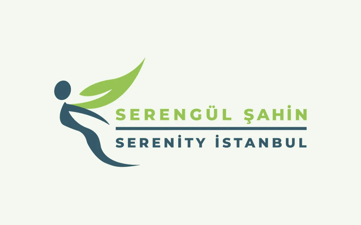 Açık zemin üzerinde Serengül Şahin · Serenity İstanbul logosu: yeşil yaprak kanatlı figür