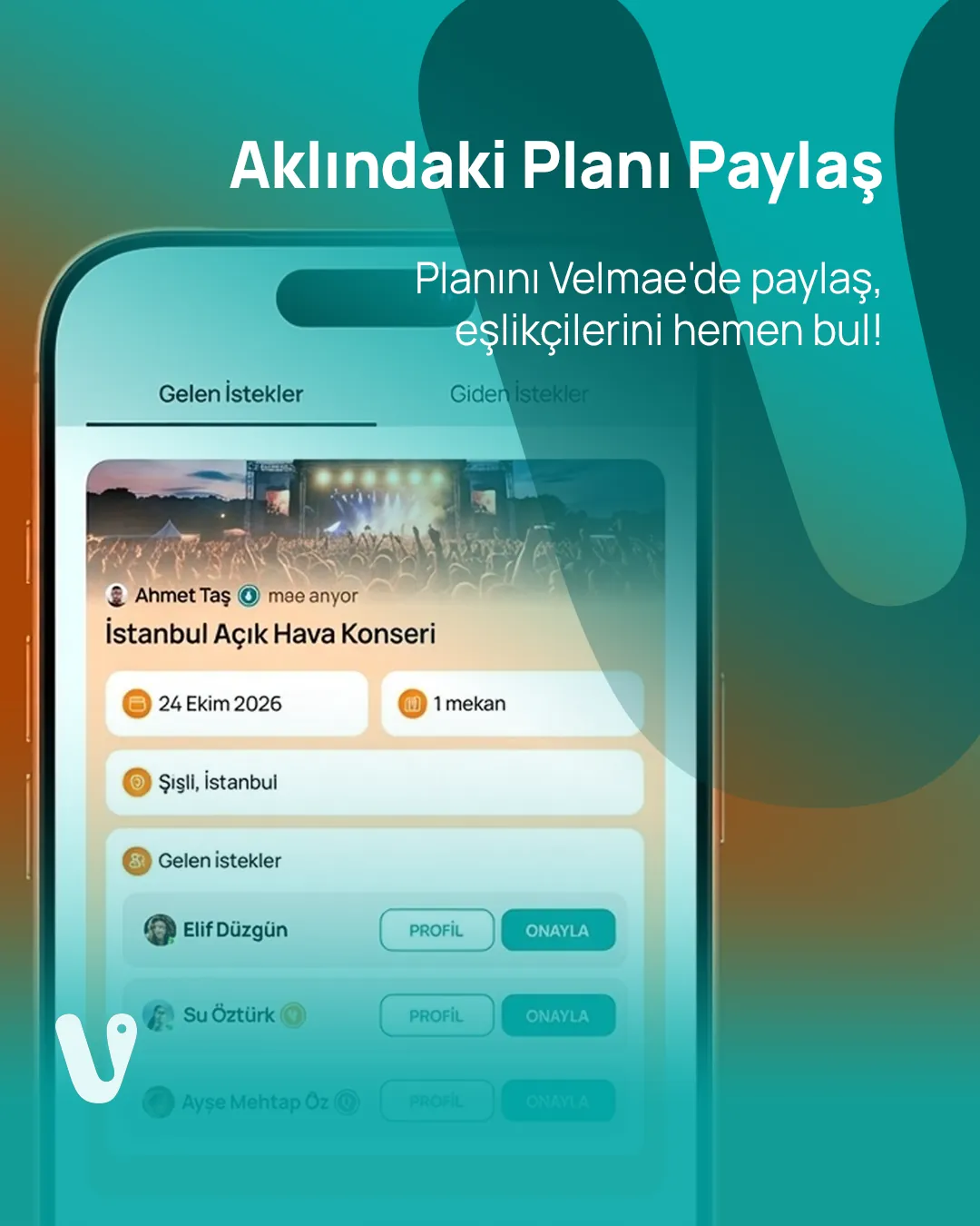 Velmae gönderisi: “Aklındaki Planı Paylaş”, telefon ekranında plan kartı ve gelen istekler